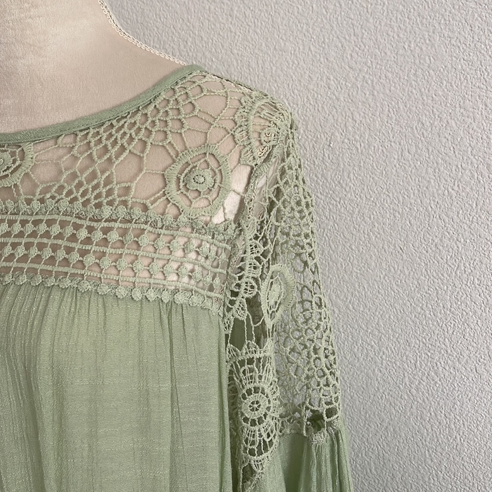 Bohemian style pale green crochet accents blouse
